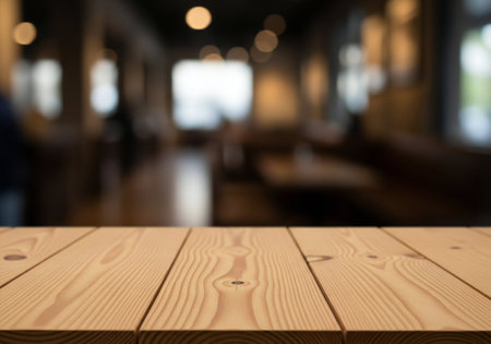 Selected focus empty brown wooden table and Coffee shop blur background with bokeh image.の写真素材