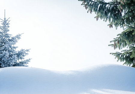 Winter landscape with fir trees and snowdrifts. Christmas background.
