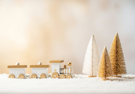 Wooden toy train with christmas tree on snow with bokeh backgroundの写真素材