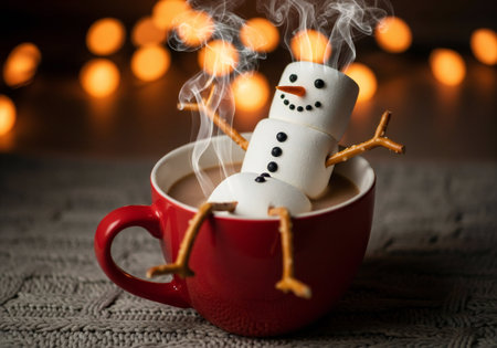 Christmas hot chocolate with marshmallow snowman on bokeh backgroundの写真素材