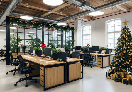 Interior of modern office with christmas tree and presents on itの写真素材