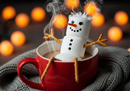 Cup of hot cocoa with marshmallow snowman on wooden backgroundの写真素材