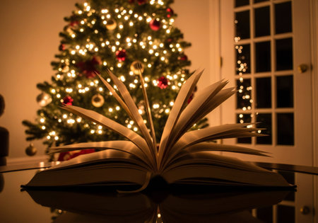 Open book on a table with a Christmas tree in the background.の写真素材