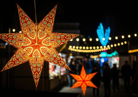 Christmas decoration in the shape of a star on the background of the Christmas market