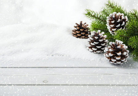 Christmas background with fir branches and cones on snow. Copy space.の写真素材