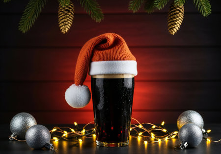 Glass of dark beer with christmas decoration on dark wooden background.