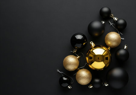 Christmas ornaments on black background. Top view with copy space.の写真素材