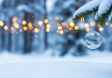Christmas tree branch with glass ball on snow and bokeh backgroundの写真素材