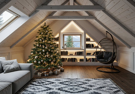 Interior of modern attic living room with christmas tree and fireplaceの写真素材