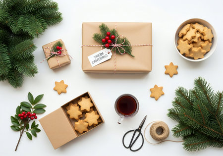 Christmas composition. Gifts, fir branches, gingerbread cookies on white background. Flat lay, top view, copy spaceの写真素材