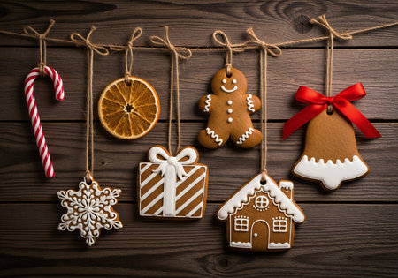 Christmas gingerbread cookies on a wooden background. Top view with copy space