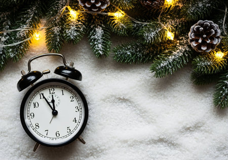 Alarm clock and christmas tree branch on snow background with lights
