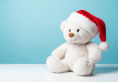 White teddy bear with red Santa Claus hat on blue background.の写真素材