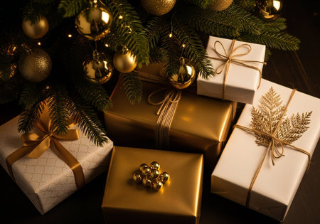 Christmas gift boxes under christmas tree with golden balls and lights.の写真素材