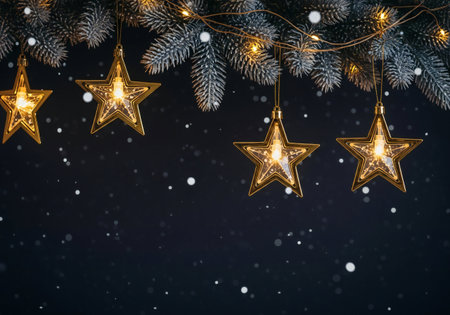 Christmas greeting card. Festive decoration on black background. New Year concept. Copy space. Flat...