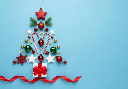 Christmas tree made of candy canes and christmas decoration on blue background