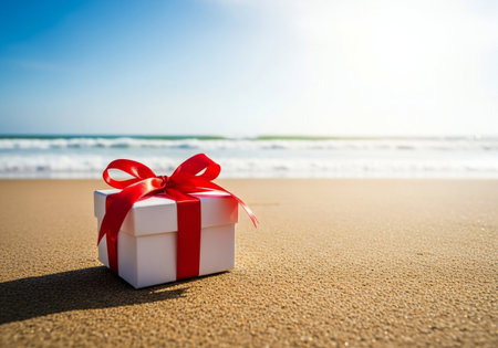 White gift box with red ribbon and bow on the sandy beach with sea backgroundの写真素材