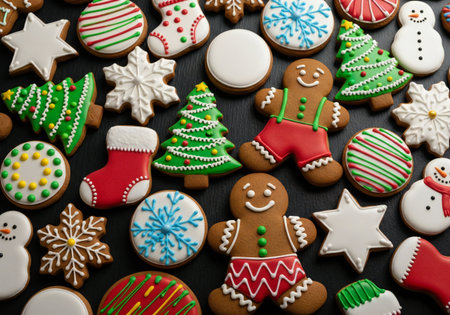Christmas gingerbread cookies on a dark wooden background, top view.