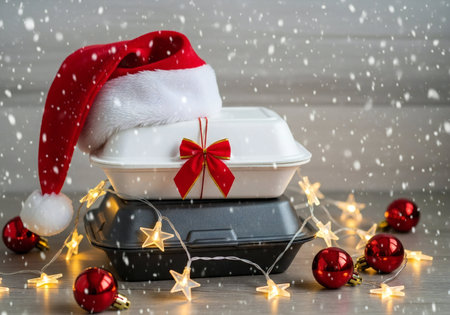 Christmas and New Year background. Santa Claus hat with gift box and Christmas decorations.の写真素材