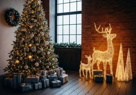 Christmas tree with gifts and deer in the room with a large windowの写真素材