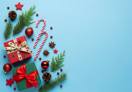 Christmas composition. Gifts, christmas decorations on blue background. Flat lay, top view, copy spaceの写真素材