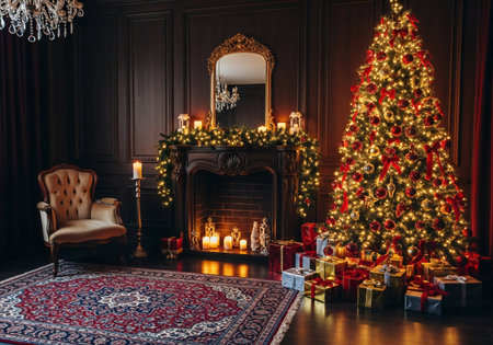 Christmas tree with gifts and fireplace in the interior of the living roomの写真素材