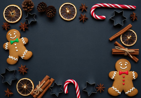 Christmas background with gingerbread cookies, spices and dried oranges on black background