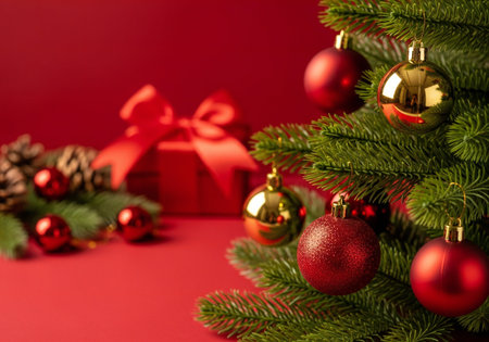 Christmas tree with decorations and gift box on red background. Christmas and New Year concept.の写真素材