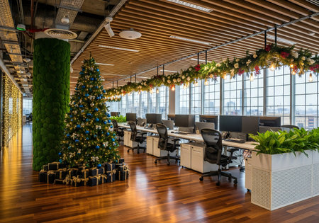 Interior of a modern office with christmas tree, stock photoの写真素材