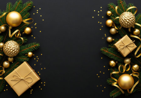 Christmas greeting card with fir branches, golden balls and gift boxes on black background. Top view with copy spaceの写真素材