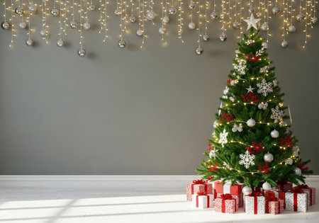 Christmas tree with gifts on a white wooden floor in the living roomの写真素材