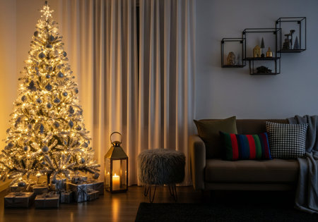 Christmas tree with decorations in living room at night. 3d renderingの写真素材