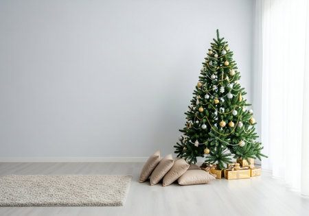 Christmas tree with gifts in the living room on the background of the wallの写真素材