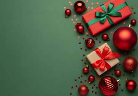 Christmas background with red baubles and gift box on green backgroundの写真素材