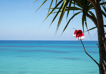 Santa Claus hat hanging on a palm tree against the sea and blue skyの写真素材