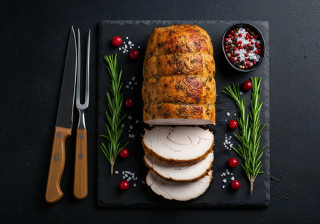 Roasted ham with rosemary and cranberries on a black backgroundの写真素材