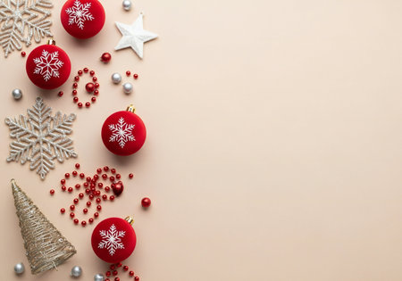 Christmas decoration on a beige background. Top view with copy space.の写真素材