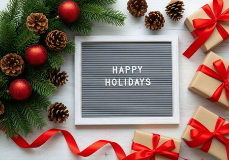 Happy Holidays letter board, gift boxes and christmas tree branches on white wooden backgroundの写真素材