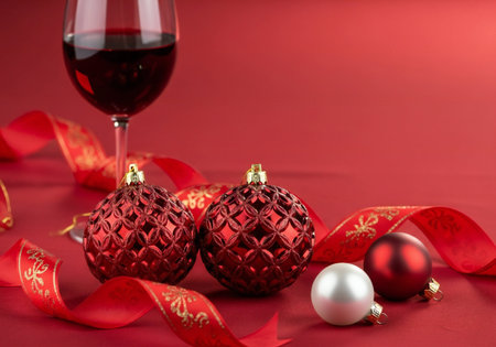 Red glass of wine and christmas decoration on red background. Copy space.の写真素材