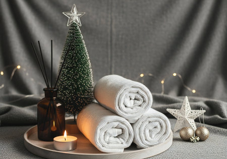 Towels, Christmas tree and burning candle on gray fabric backgroundの写真素材