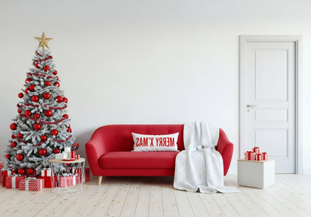 Christmas tree with presents and red sofa in white room. 3d renderの写真素材