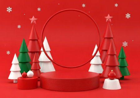 3d render of Christmas podium display with Christmas tree and snowflakesの写真素材
