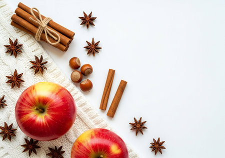 Red apples, cinnamon, star anise and nuts on white backgroundの写真素材
