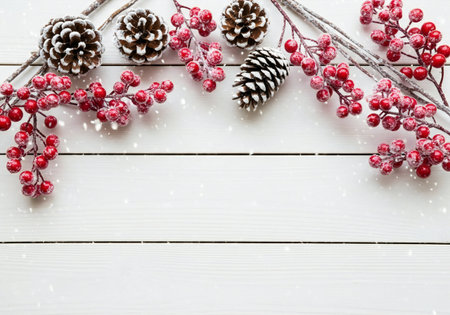 Christmas background with red berries, pine cones and snow on white wooden backgroundの写真素材