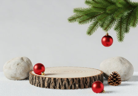 Christmas background with wooden podium and christmas tree. 3d renderの写真素材