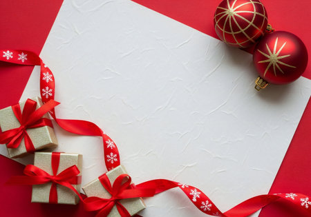 Christmas background with gift boxes and red ribbons on a red backgroundの写真素材