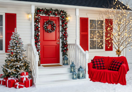 Red front door with Christmas wreath and red armchair on the porchの写真素材
