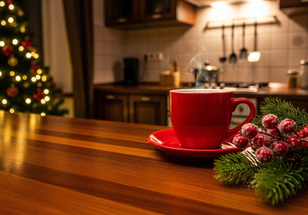 Hot coffee cup on wooden table with Christmas tree and bokeh backgroundの写真素材