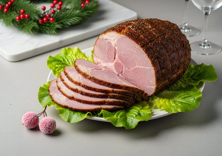 Sliced ham on a white plate with green lettuce leavesの写真素材