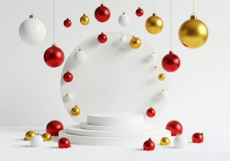 3d render of white podium with red and gold christmas ballsの写真素材